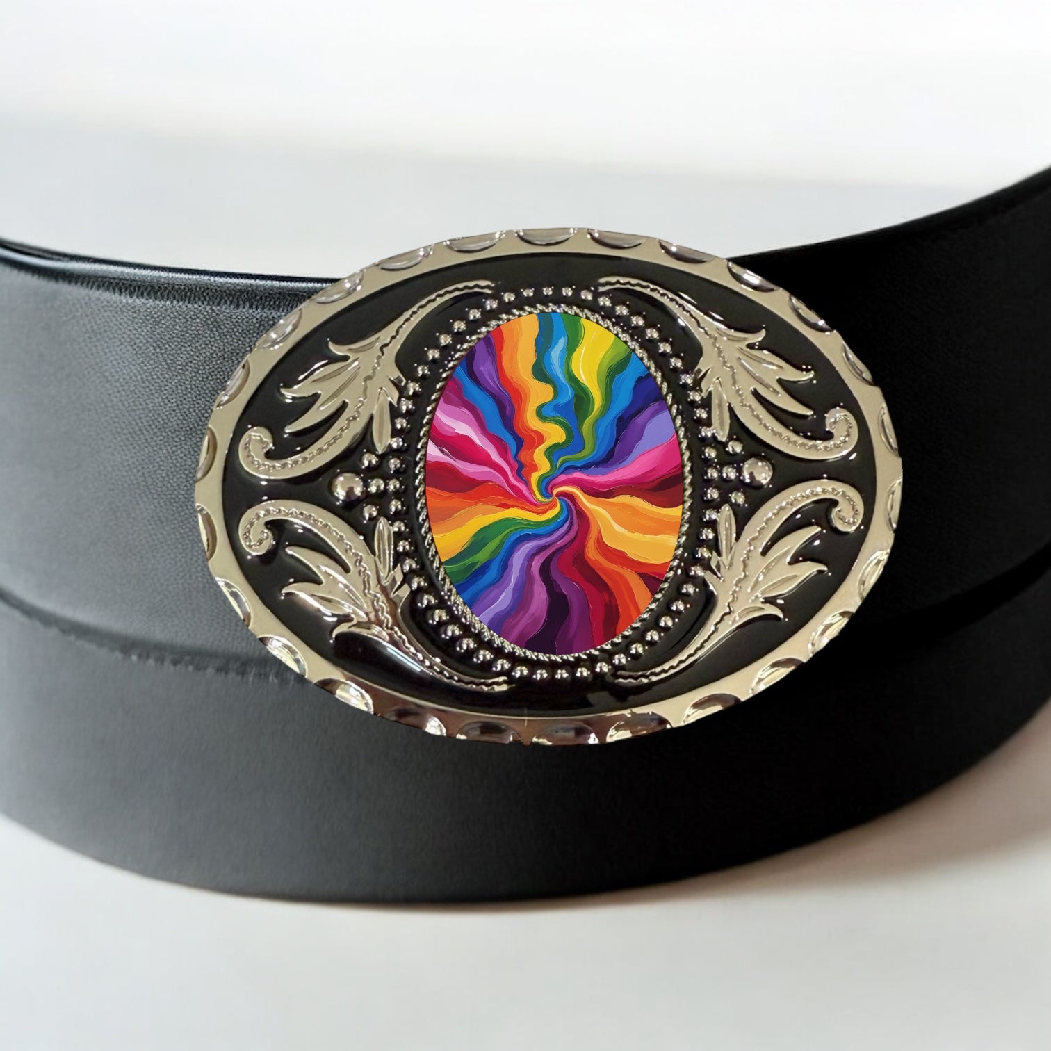Black belt with a colorful rainbow buckle on a white background