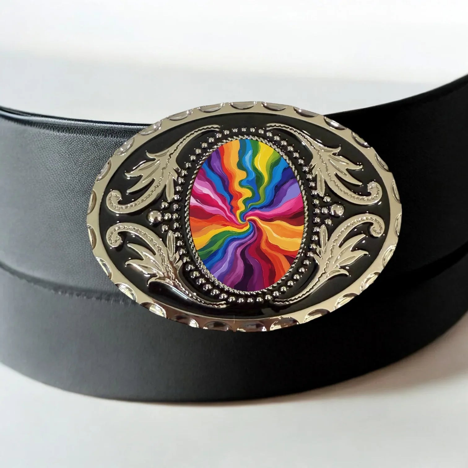 Two options for belt buckles: Option 1 has a leaf pattern and option 2 has flowers on it