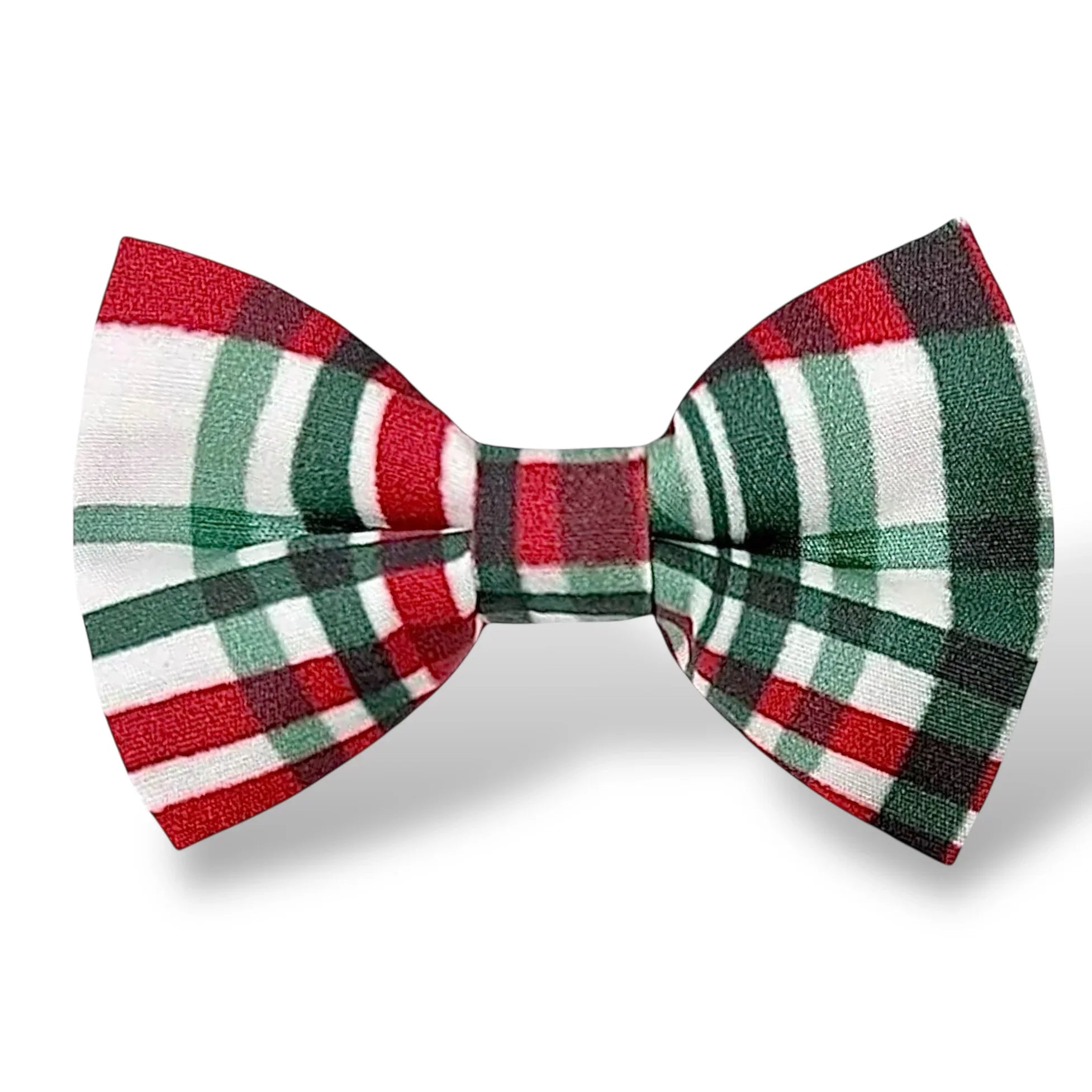 Christmas plaid bow tie with red, green, and white pattern on a white background