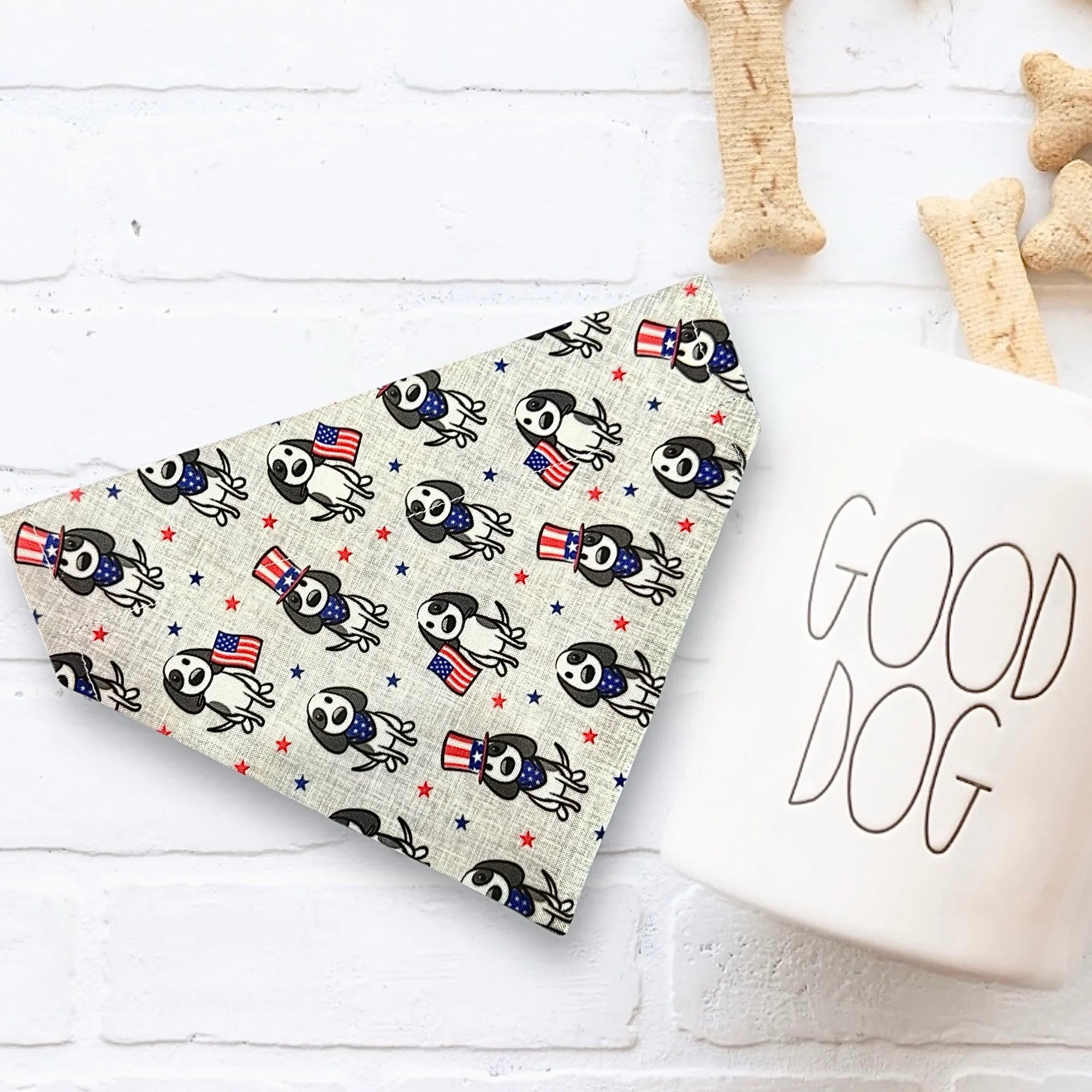 Fourth of July Dog Bandana with red white and blue dogs.