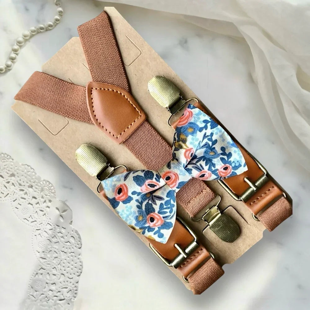Size chart for suspender and bow tie sets from The Bold Bow Tie. X-Small (6mo-4yr): 15"-23" suspenders, 3.5" bow. Small (5-9yr): 18"-33" suspenders, 3.5" bow. Medium (10-12yr): 18"-33" suspenders, 4" bow. Adult (13yr-6'5"): 30"-53" suspenders, 4.5" bow. Big & Tall (Over 6'5"): 53"+ suspenders, 4.5" bow. Instructions note to measure from the back waistband over the shoulder to the front waistband for a comfortable fit.