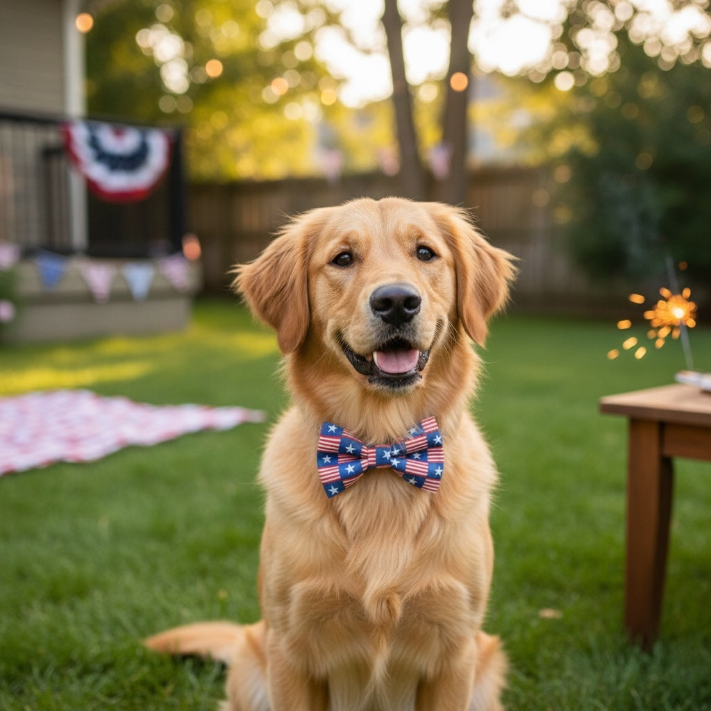 Dog wearing a patriotic Fourth of July bow tie in red white and blue in a backyard setting with a blurred background