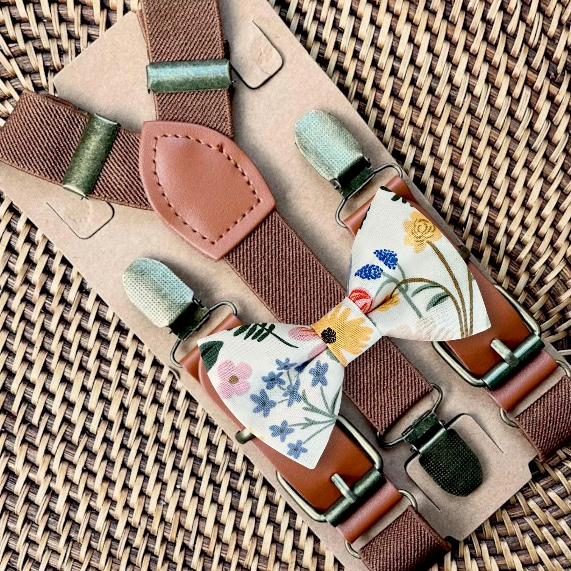Ivory bow tie and suspenders for men boys and toddlers.