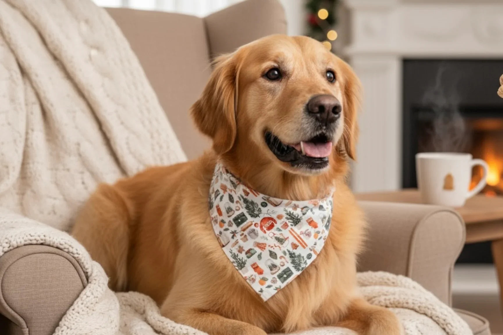 Winter dog bandana for Christmas worn by a retriever.