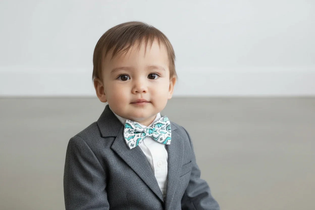 Toddler bow tie in dinosaur print worn by a ring bearer in a wedding.