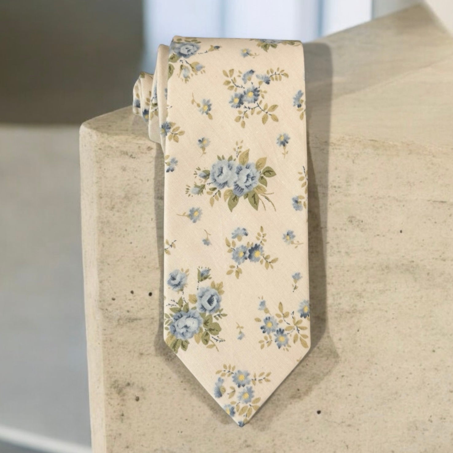 Ivory & blue floral necktie for men’s tie for wedding.