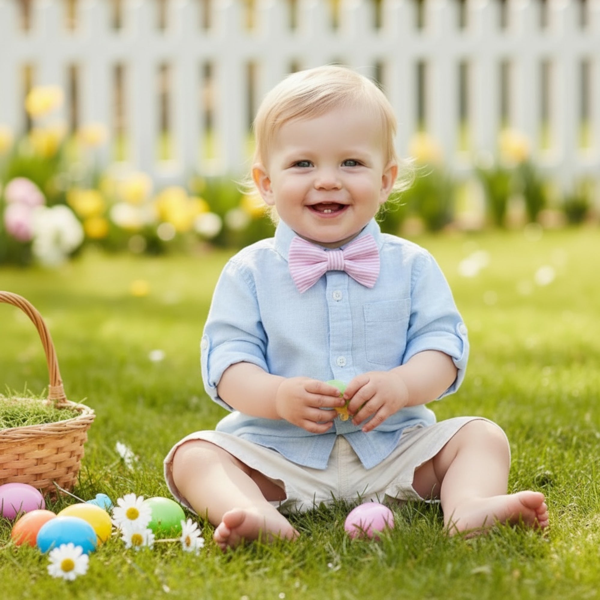 Baby boy wearing a pink seersucker bow tie and sitting on grass with Easter eggs and a basket.
