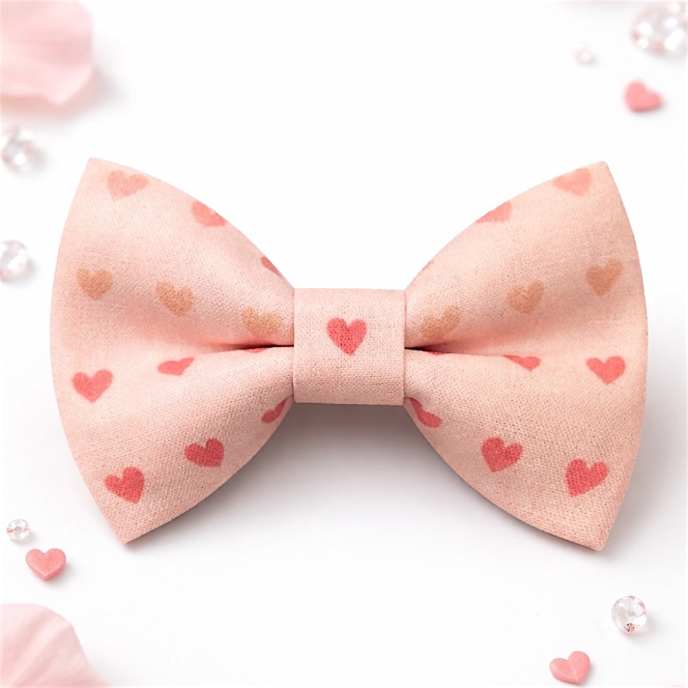 Valentine’s Day bow tie with pink heart patterns on a white background