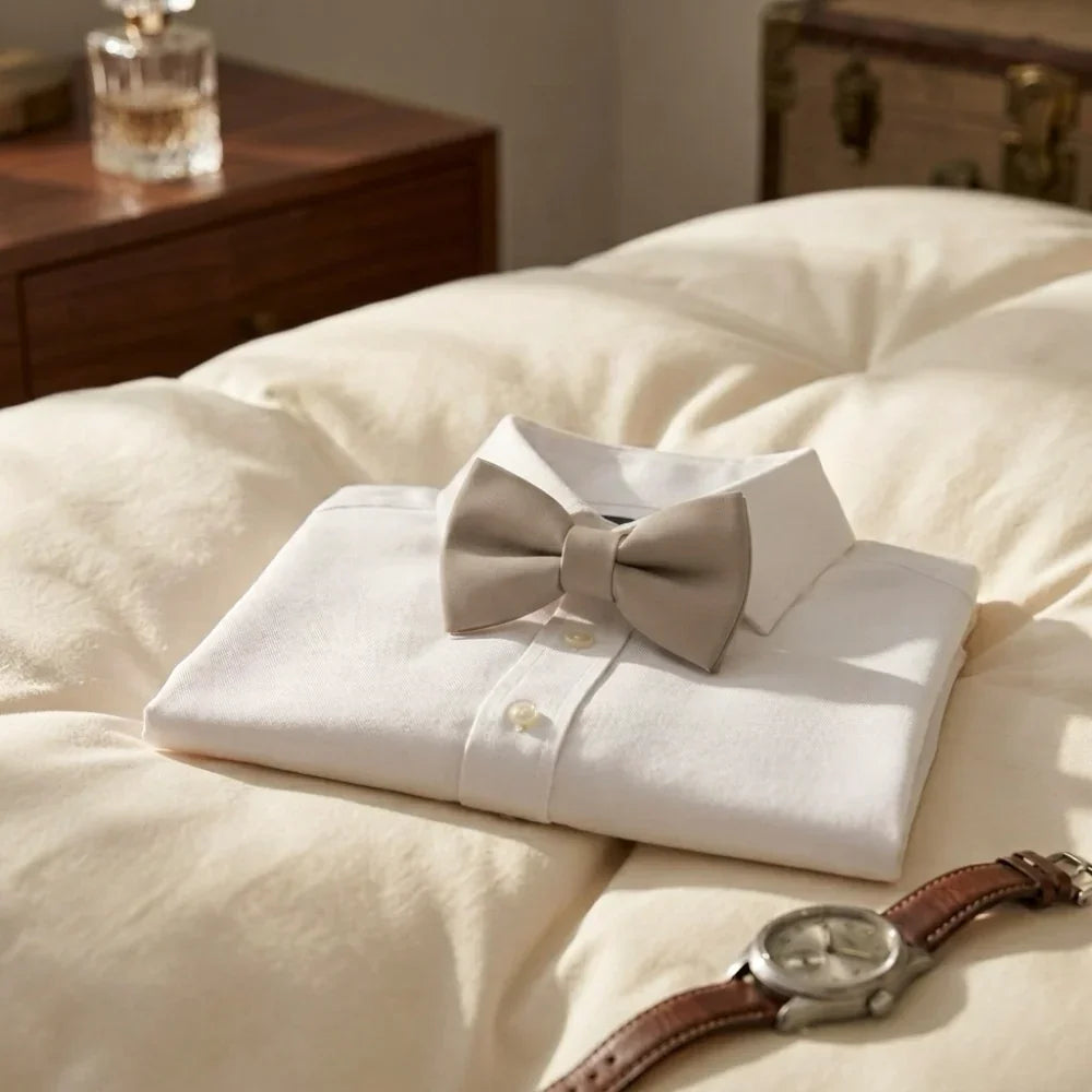 Tan bow tie for men on a white dress shirt.