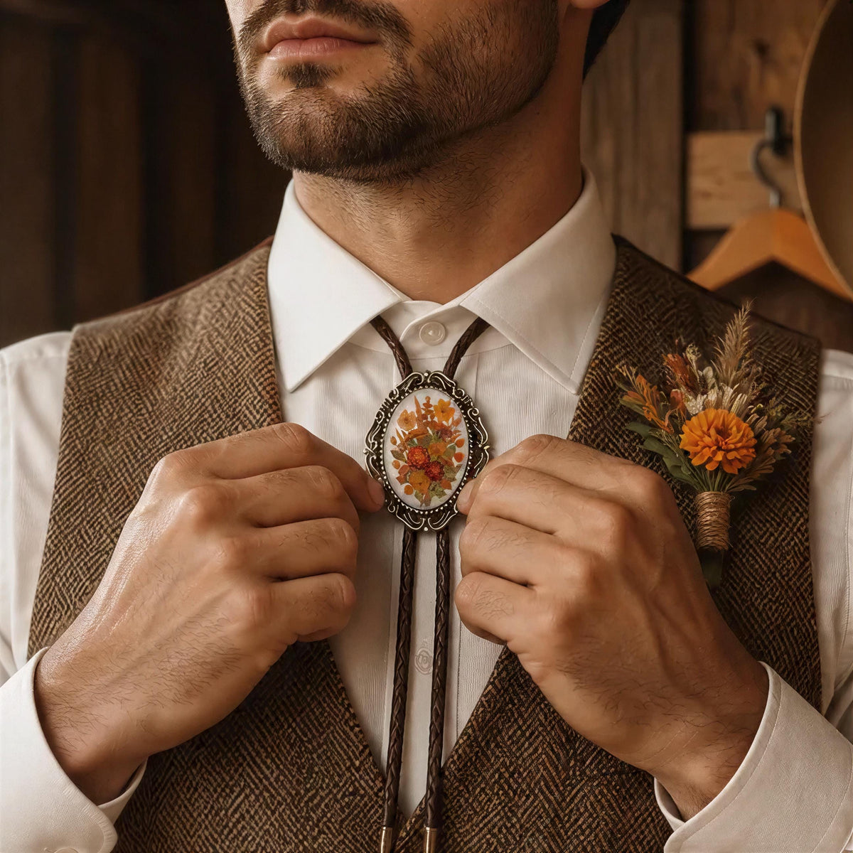Floral bolo tie for men worn by a groomsman in an autumn wedding.