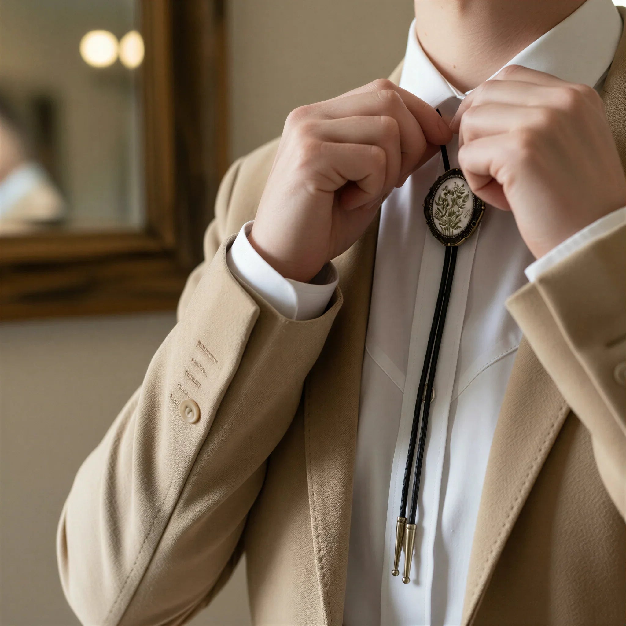 Floral bolo tie for men and women with leather cord worn by a groomsman in a wedding.