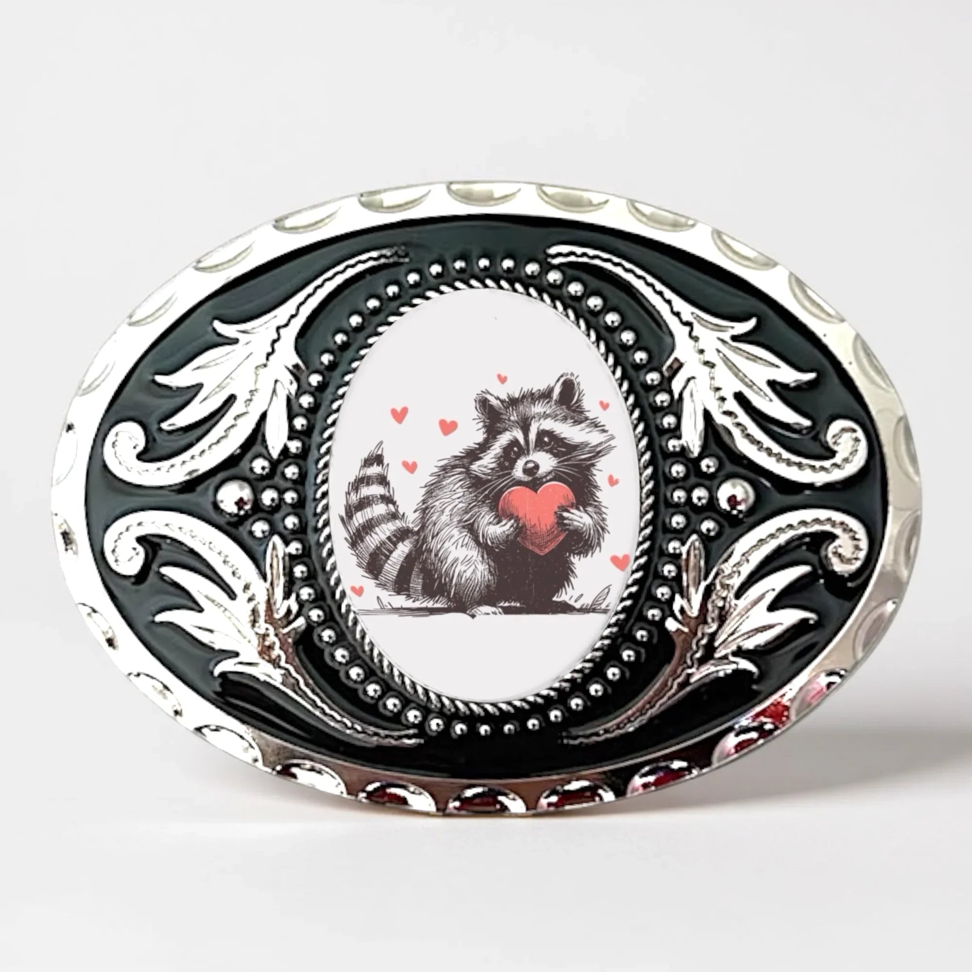 Raccoon Belt Buckle with Hearts, Valentine Western Accessory