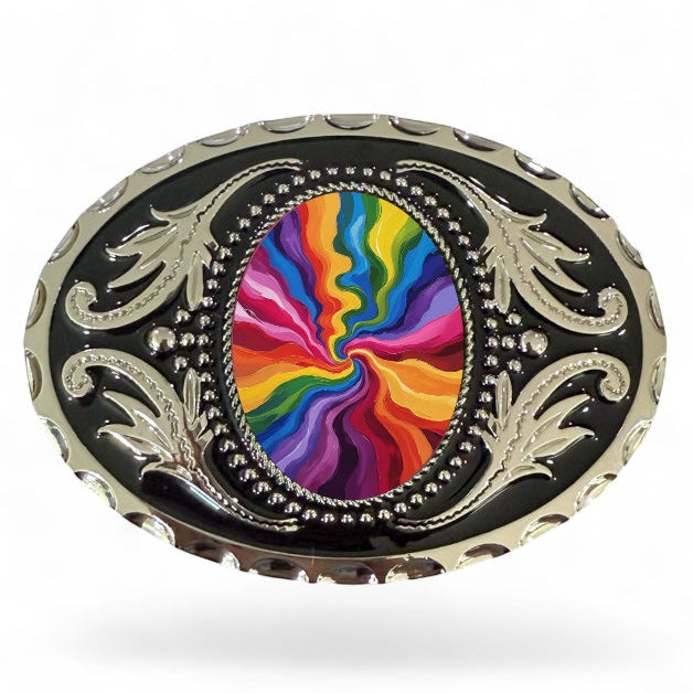 Belt buckle with rainbow design and intricate metalwork on a white background