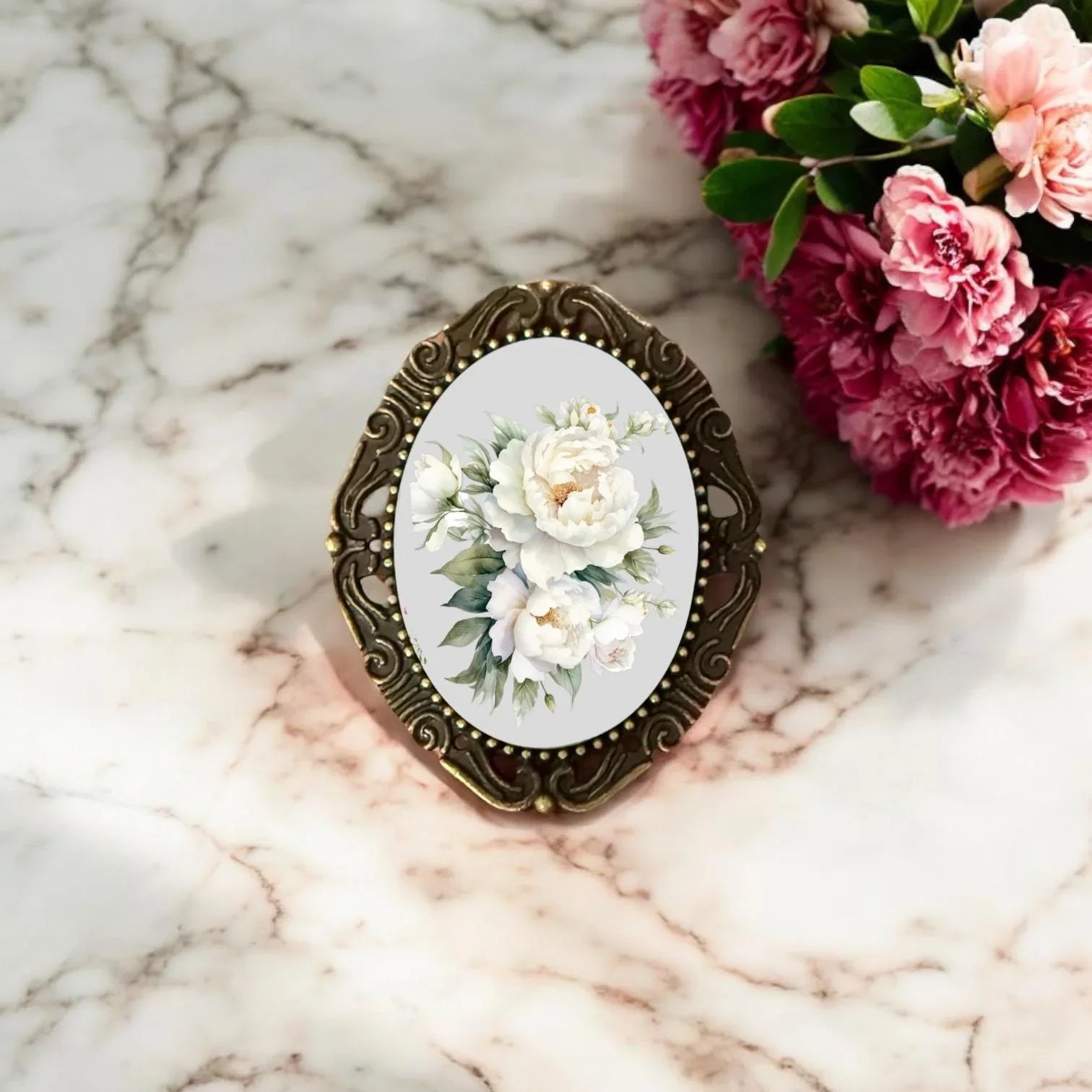 Decorative floral brooch for her, Mother's Day gift, or birthday gift on a white background.
