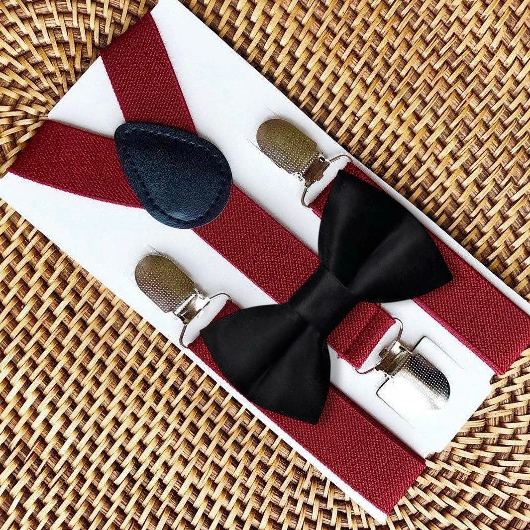 Burgundy bow tie and suspenders for black tie event for fall photos or winter wedding.