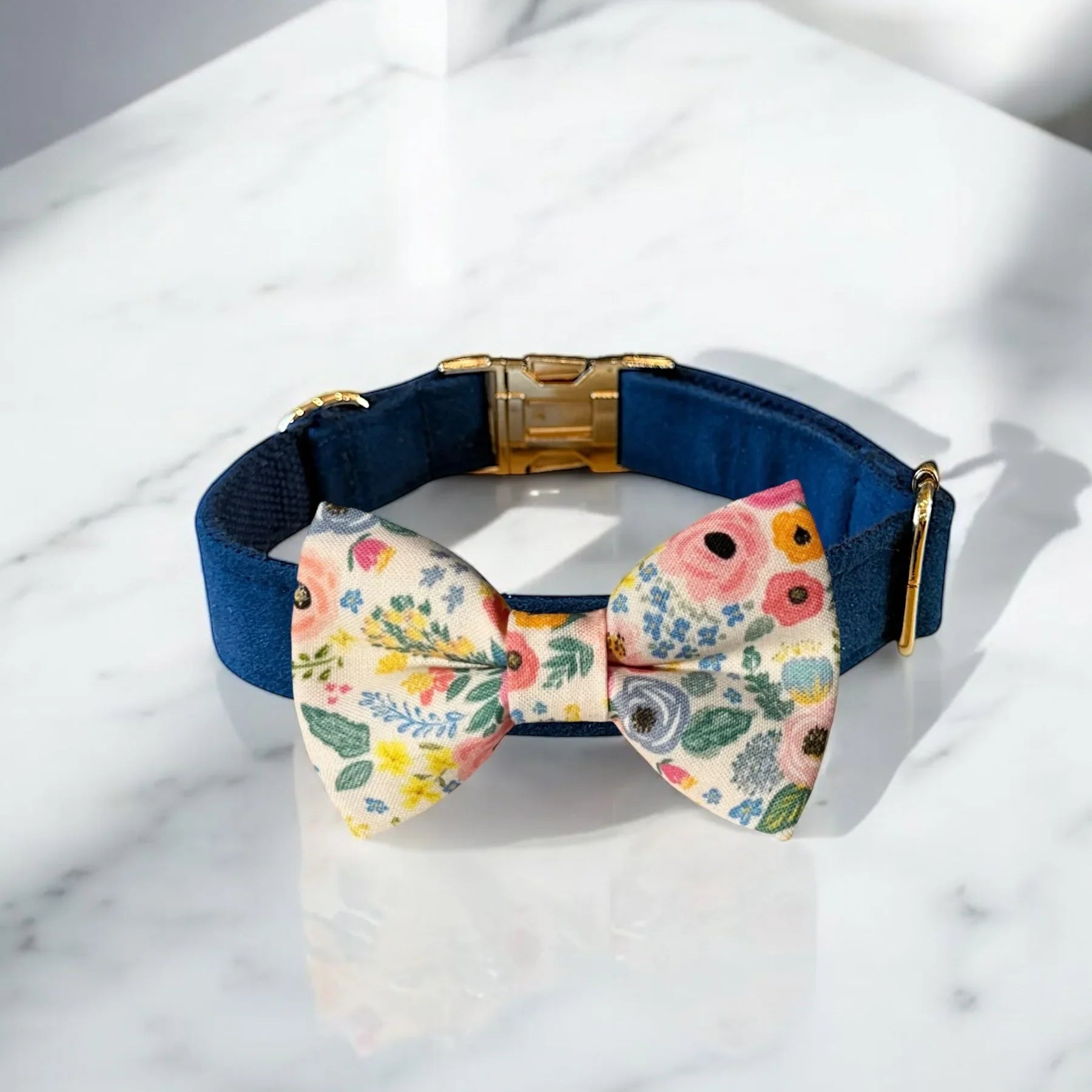 Navy blue velvet dog color with floral dog bow tie for dogs and puppies.