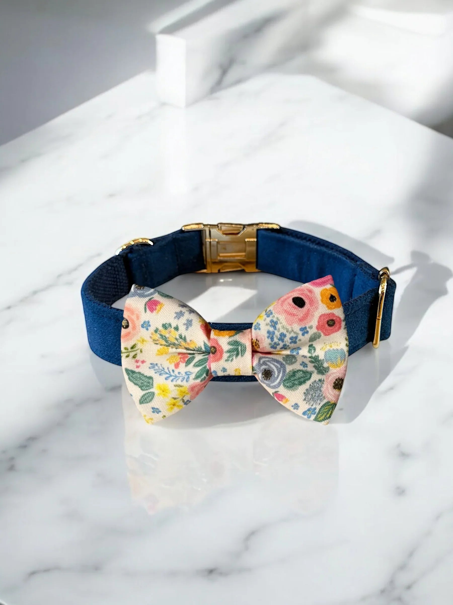 Navy blue velvet dog color with floral dog bow tie for dogs and puppies.
