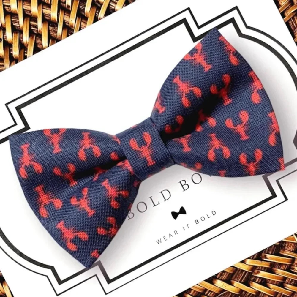 Blue and Red Dog bow tie with lobsters for nautical summer pet bowtie.