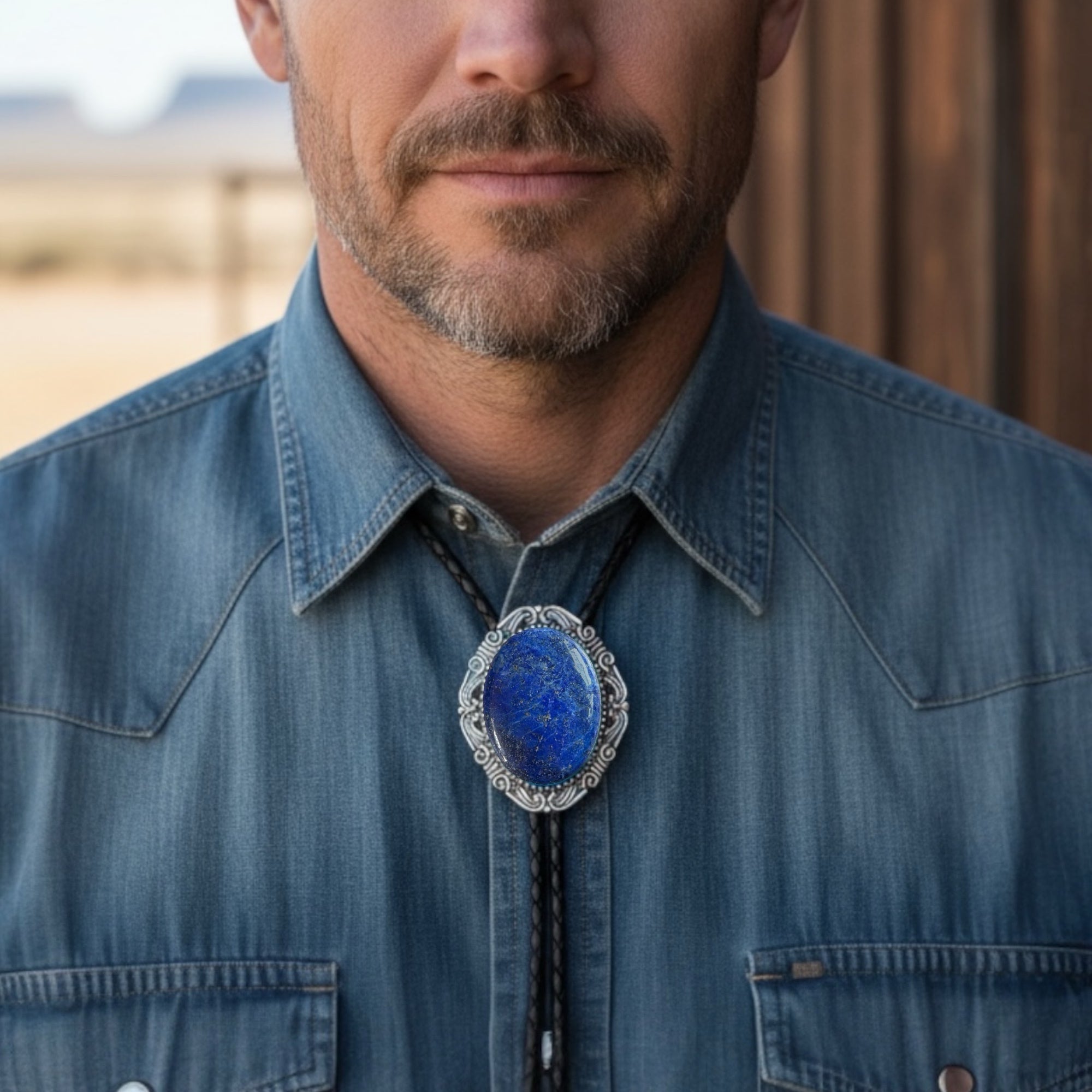 Man wearing a blue denim shirt with a decorative bolo tie featuring a blue stone.