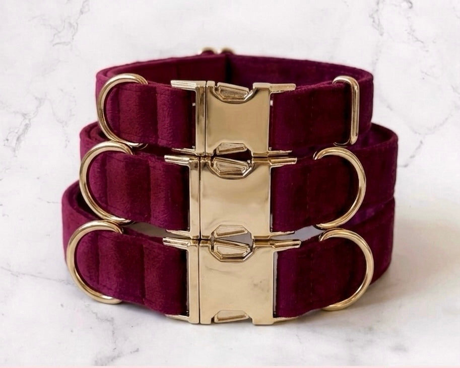 Burgundy dog collars with gold hardware on a marble background