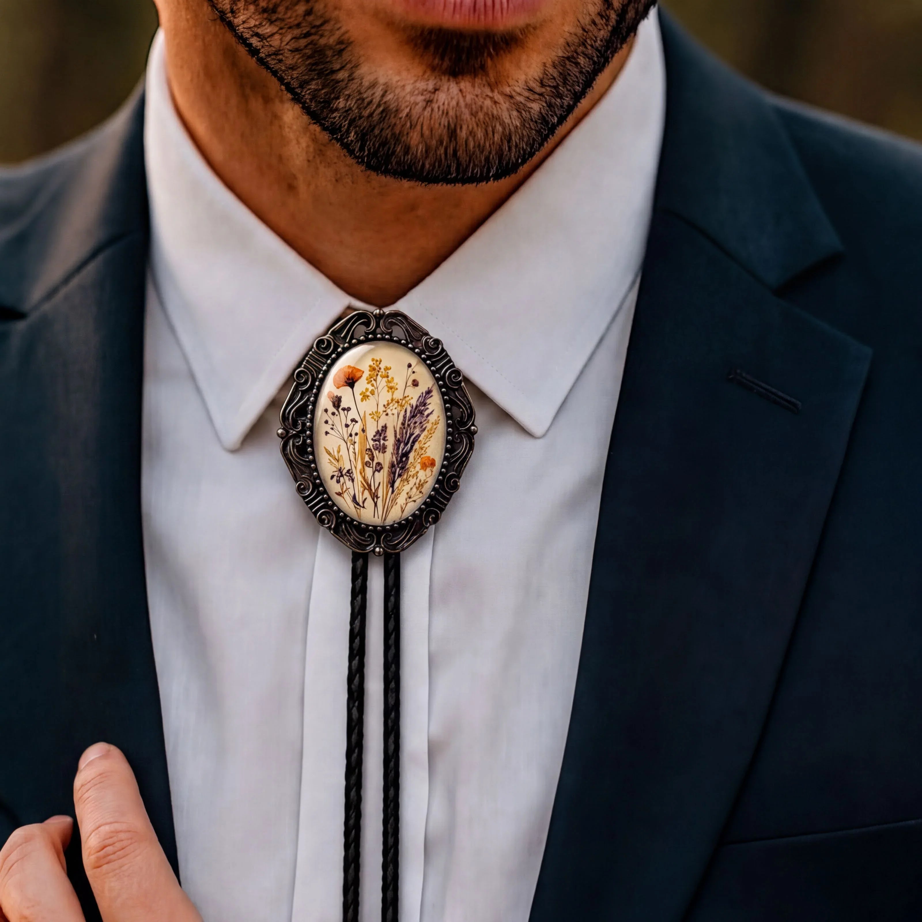 Bolo tie for men worn in a wedding by a groom.