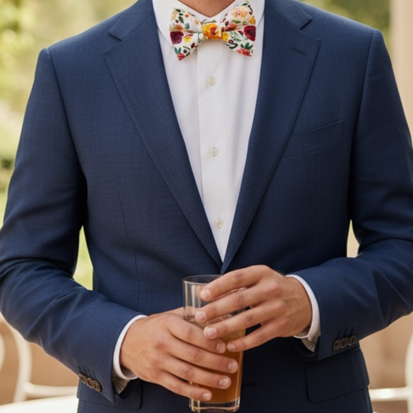 Groomsman in a navy suit with a colorful bow tie holding a glass outdoors.
