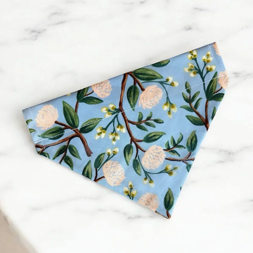 Floral Dusty Blue Dog Bandana- for summer or dog wedding outfit.