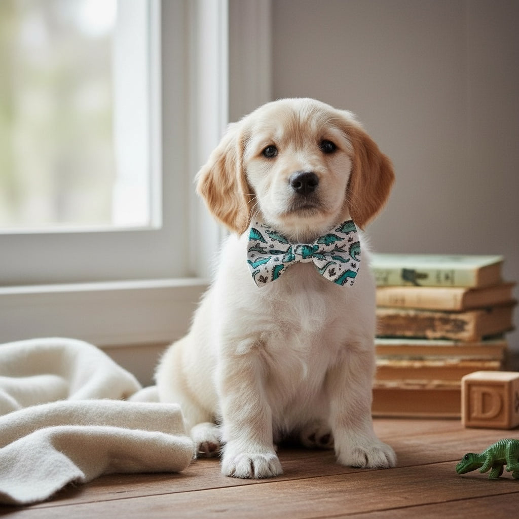 Puppy wearing a blue dinosaur dog bow tie sitting on a wooden floor with books in the background