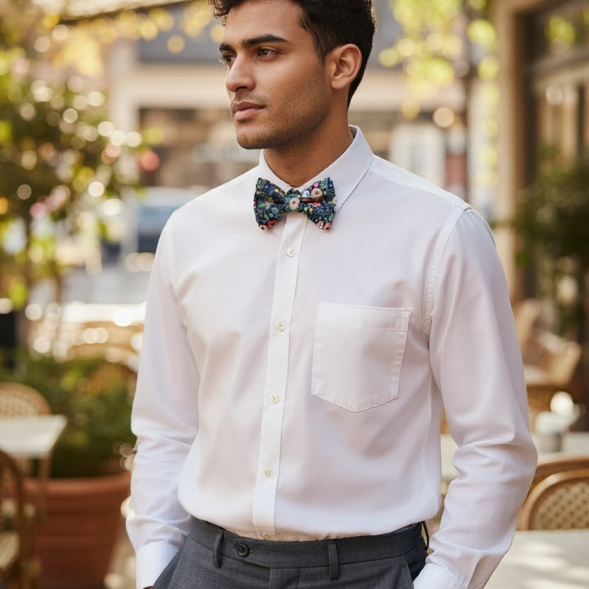 Groomsman wearing a navy garden bow tie.