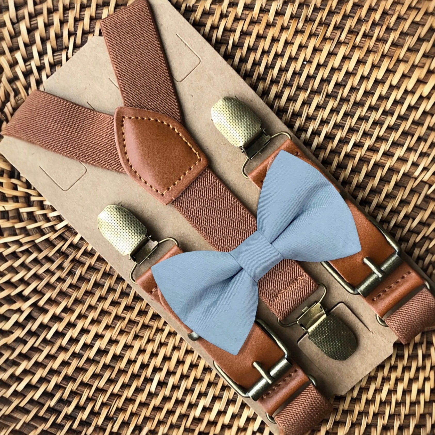 Dusty Blue Bowtie & Cognac Brown Suspenders Set for wedding, groomsmen and ring bearers.