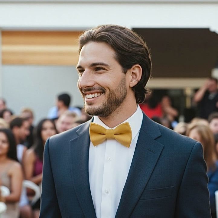 Groomsman at a wedding wearing a mustard yellow bow tie.
