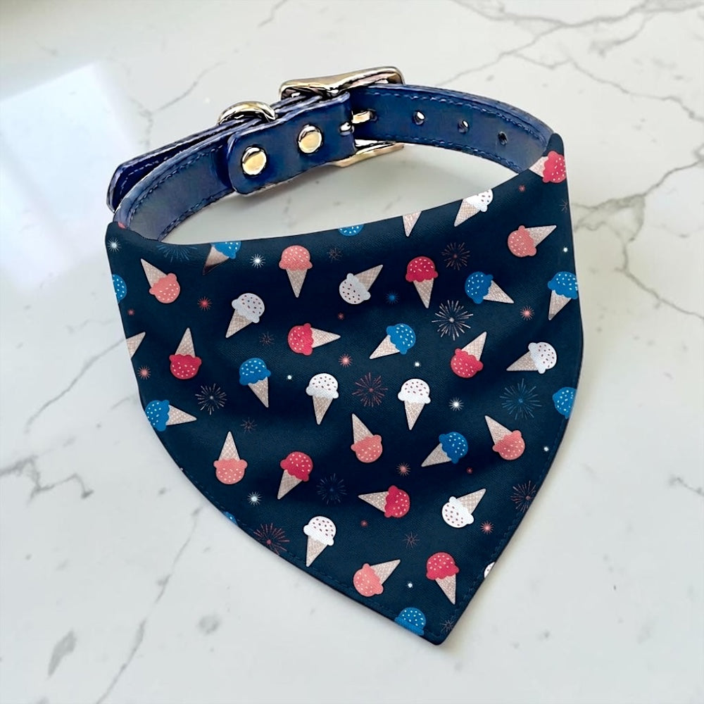 Fourth of July dog bandana with red white and blue ice cream.