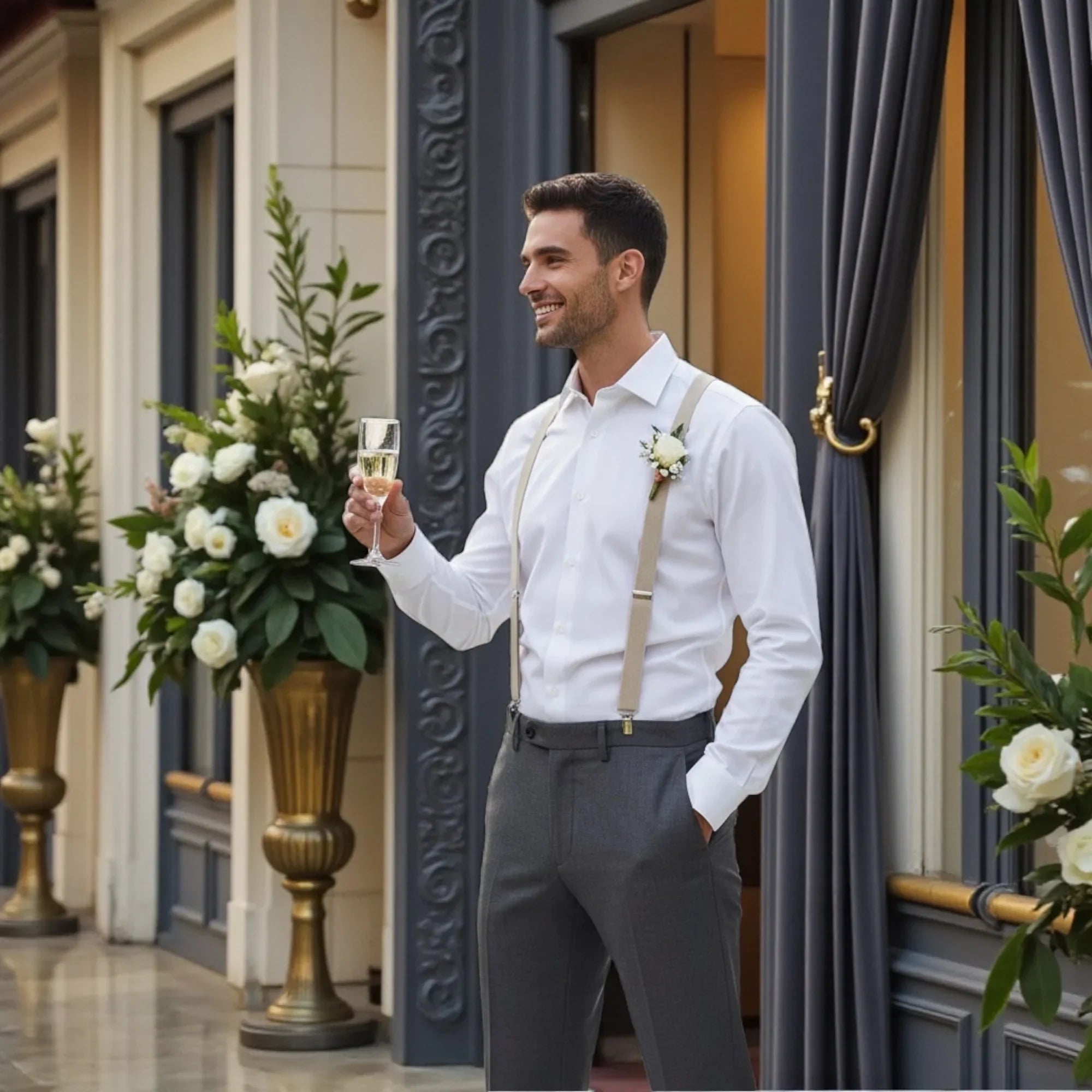 Groomsman wearing tan suspenders, also known as khaki suspenders, wearing a boutonniere at a wedding. Image of true product, tan suspenders, image generated of man to show how the suspenders are worn with the help of Gemini.AI.