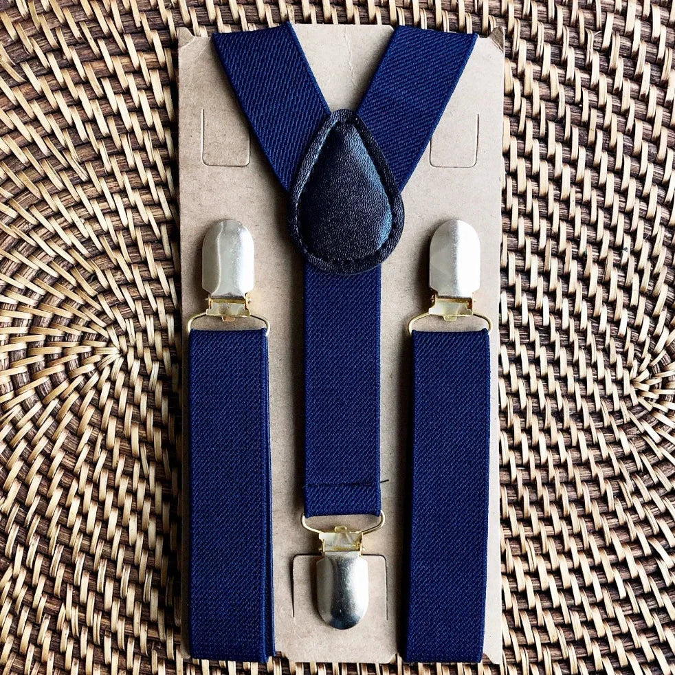 Navy suspenders for men, boys and toddlers in wedding.