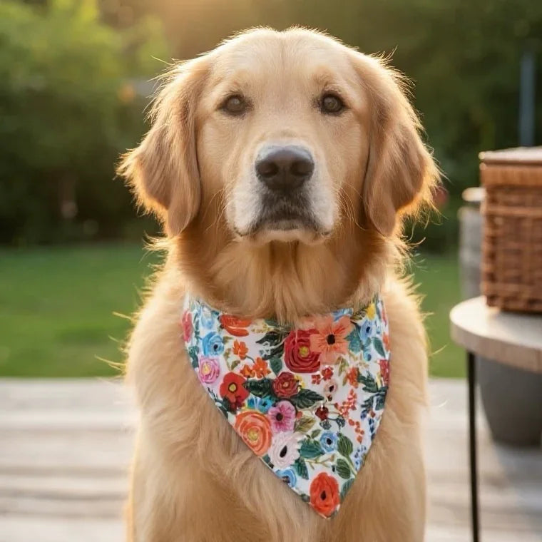 Floral dog bandana worn by a dog outside with a picnic basket.