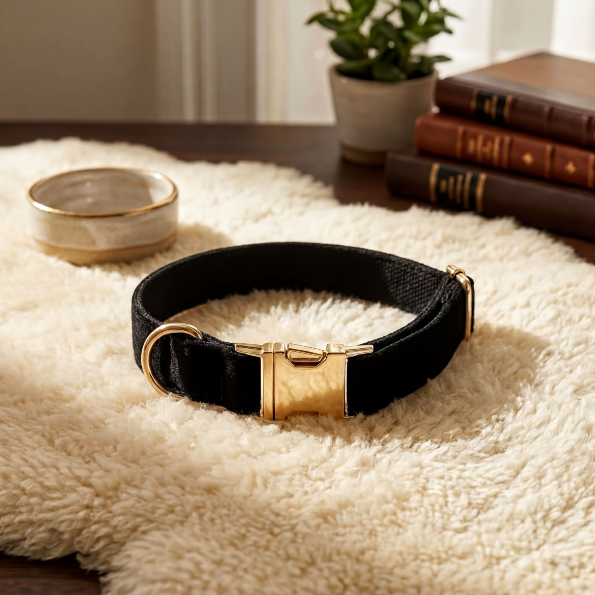 Black velvet dog collar with gold clasp on a faux fur rug.