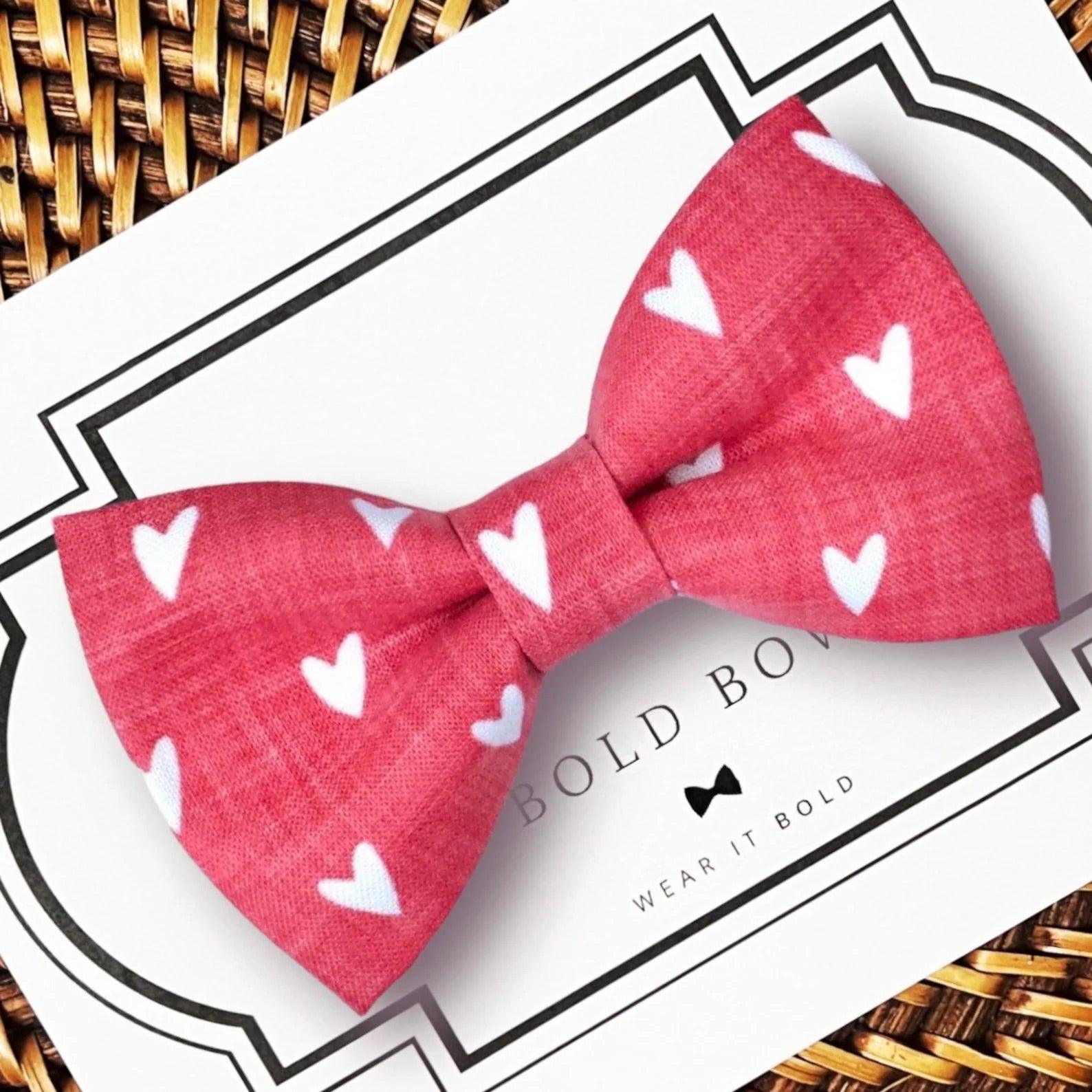 Red Hearts Valentine’s Day dog bow tie — red heart pet bow tie for dog collars and cat collars, handmade holiday pet accessory.