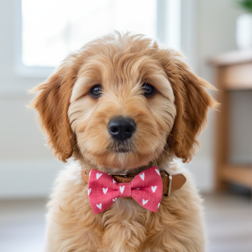Puppy wearing a red and pink bow tie for Valentine's Day.