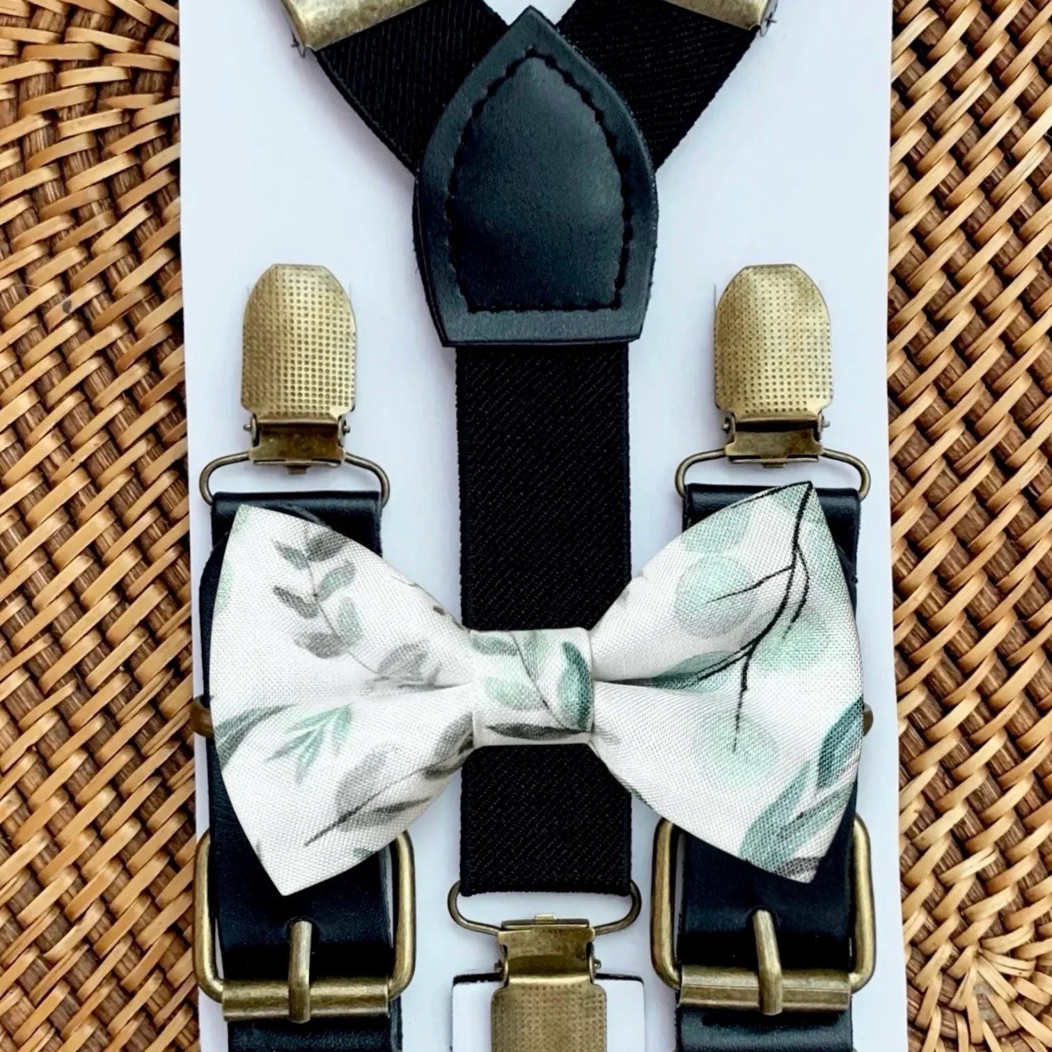 Floral bow tie and suspenders in sage green
