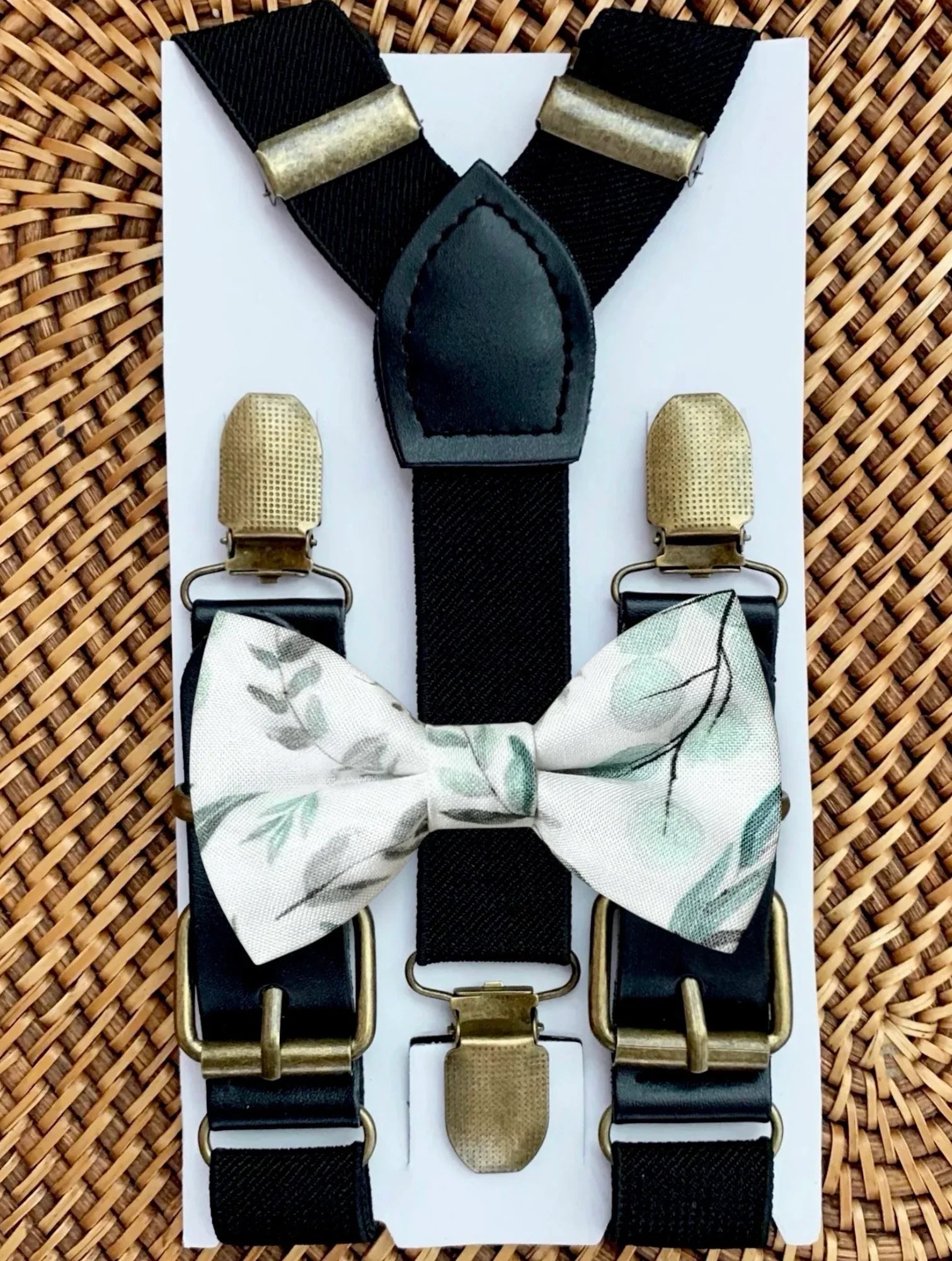 Floral bow tie and suspenders in sage green