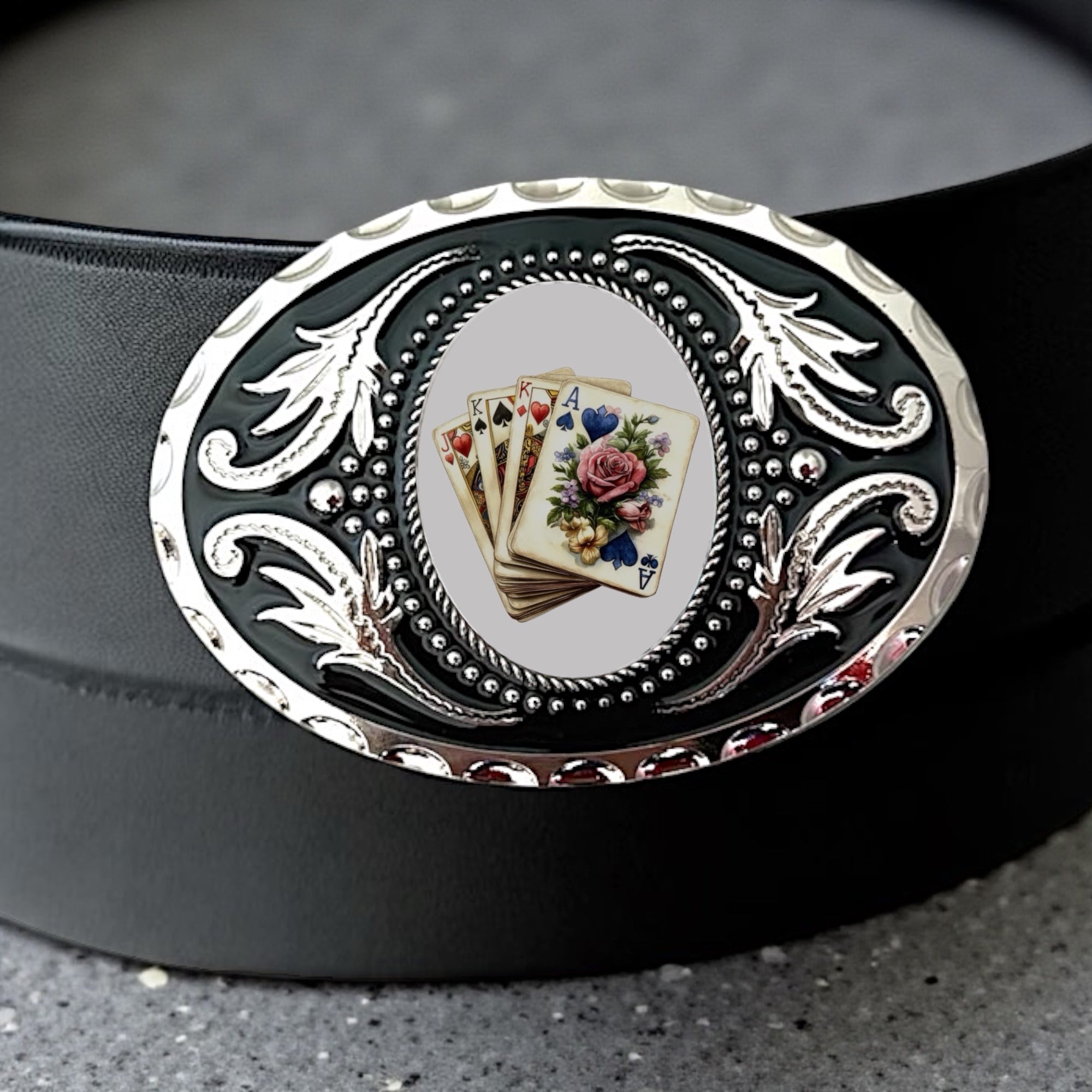 Deck of Cards Belt Buckle with Hearts, Valentine Western Accessory On a black leather belt.