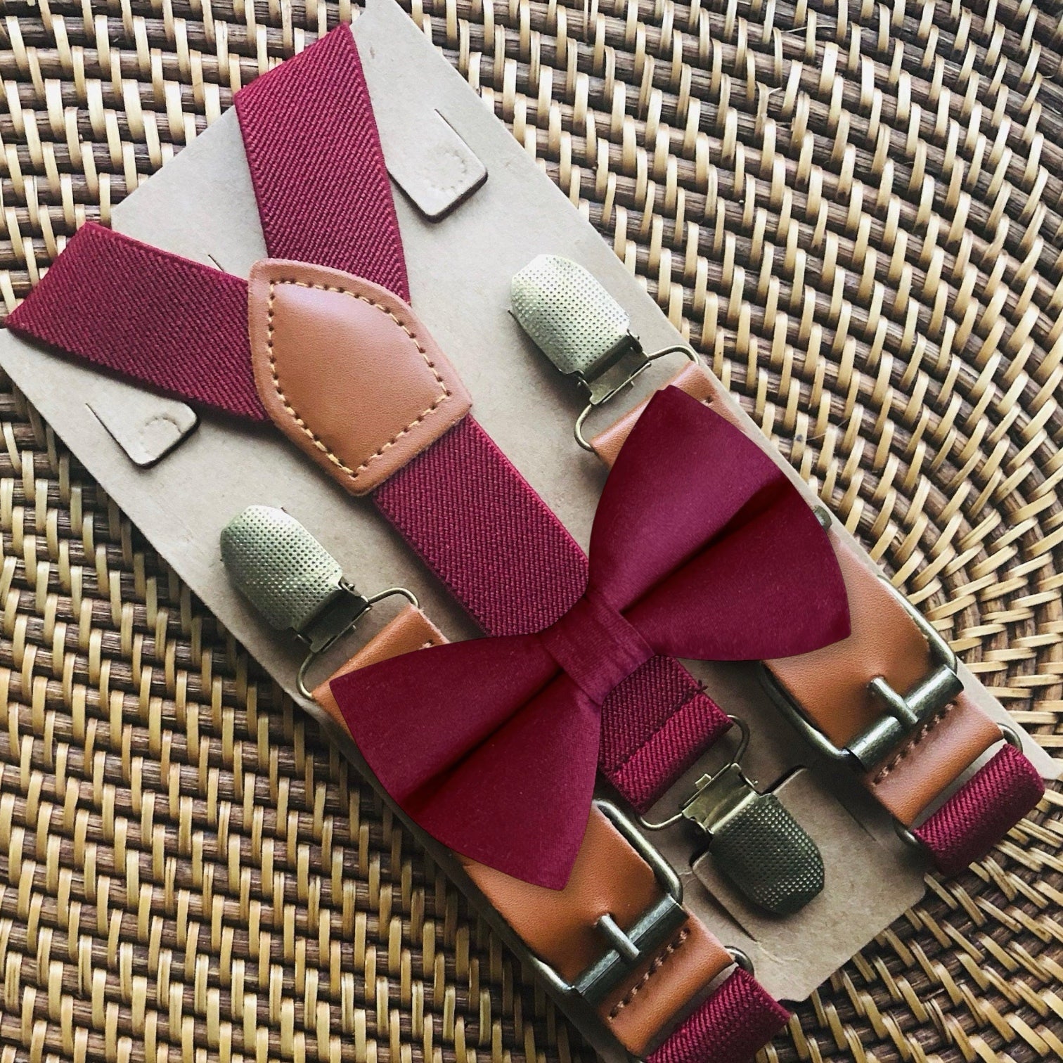 Burgundy Bow Tie & Buckle Burgundy Suspenders Set for groomsmen, wedding or Christmas.