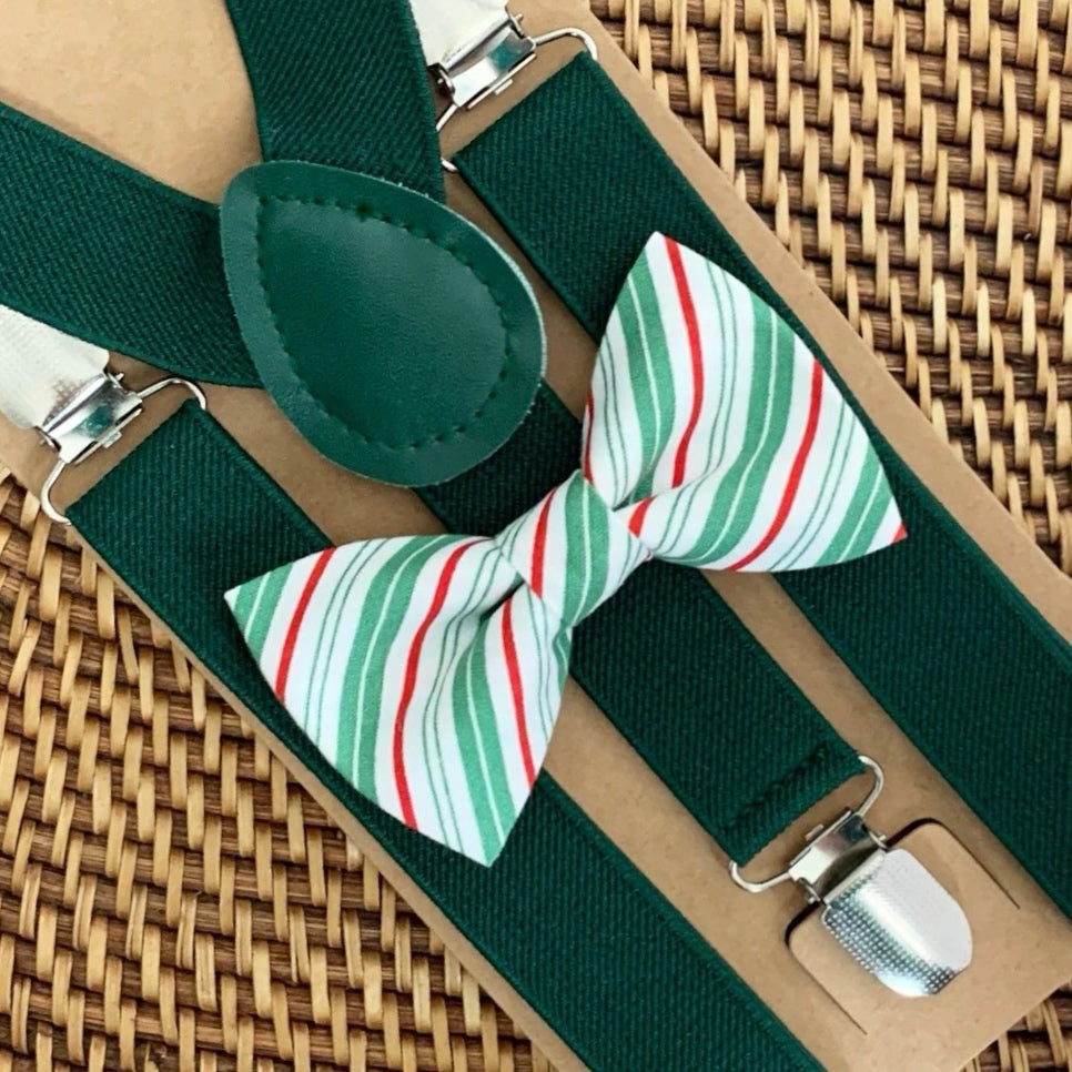Candy-Striped Christmas Bow Tie & Juniper Green Suspenders Set