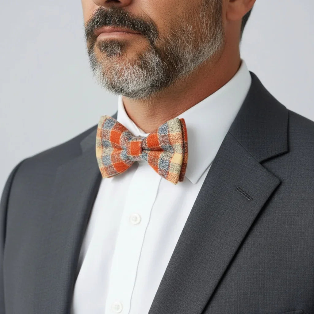 Man wearing a gray suit with a plaid bow tie against a light gray background