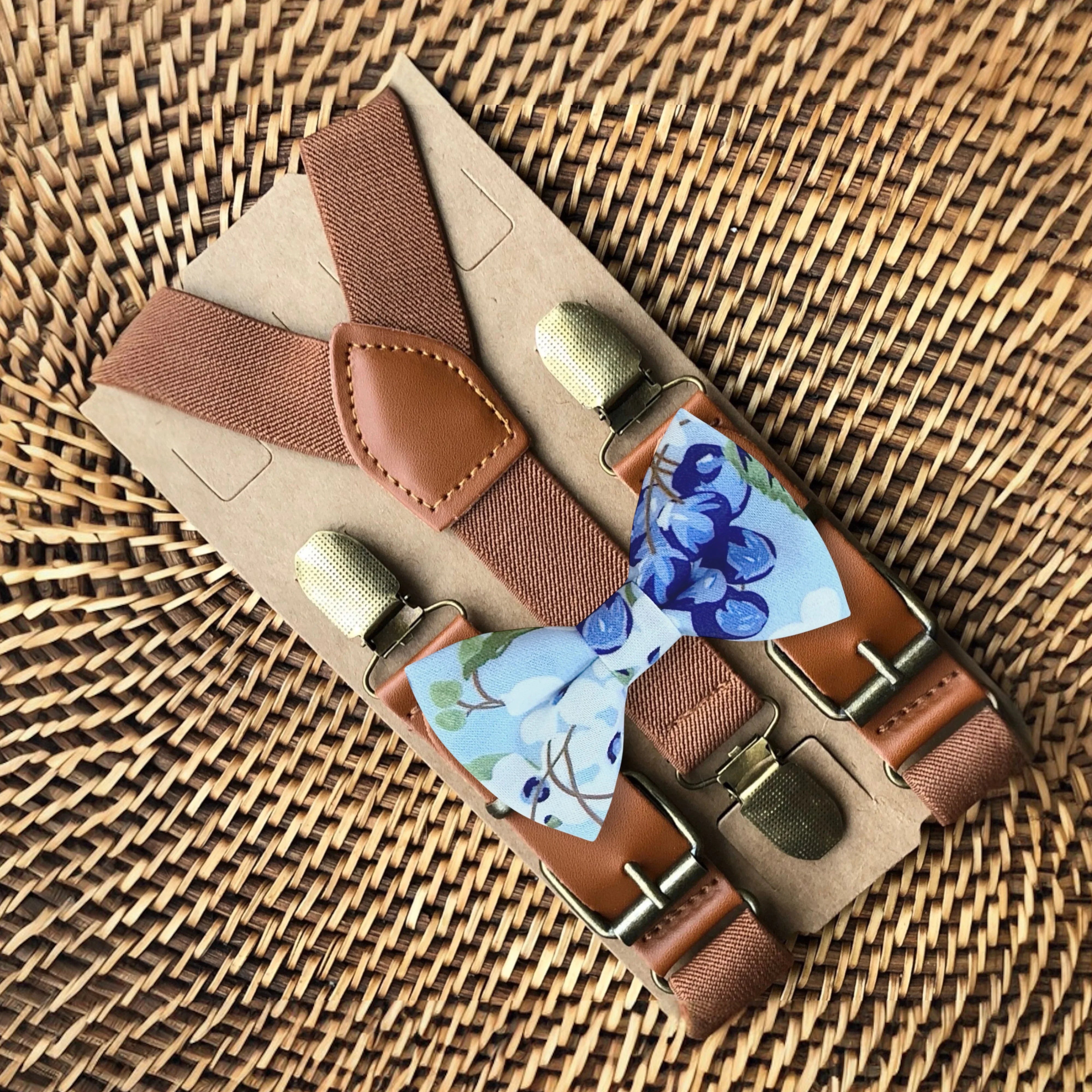 Blue bow tie and suspenders for men toddlers and boys