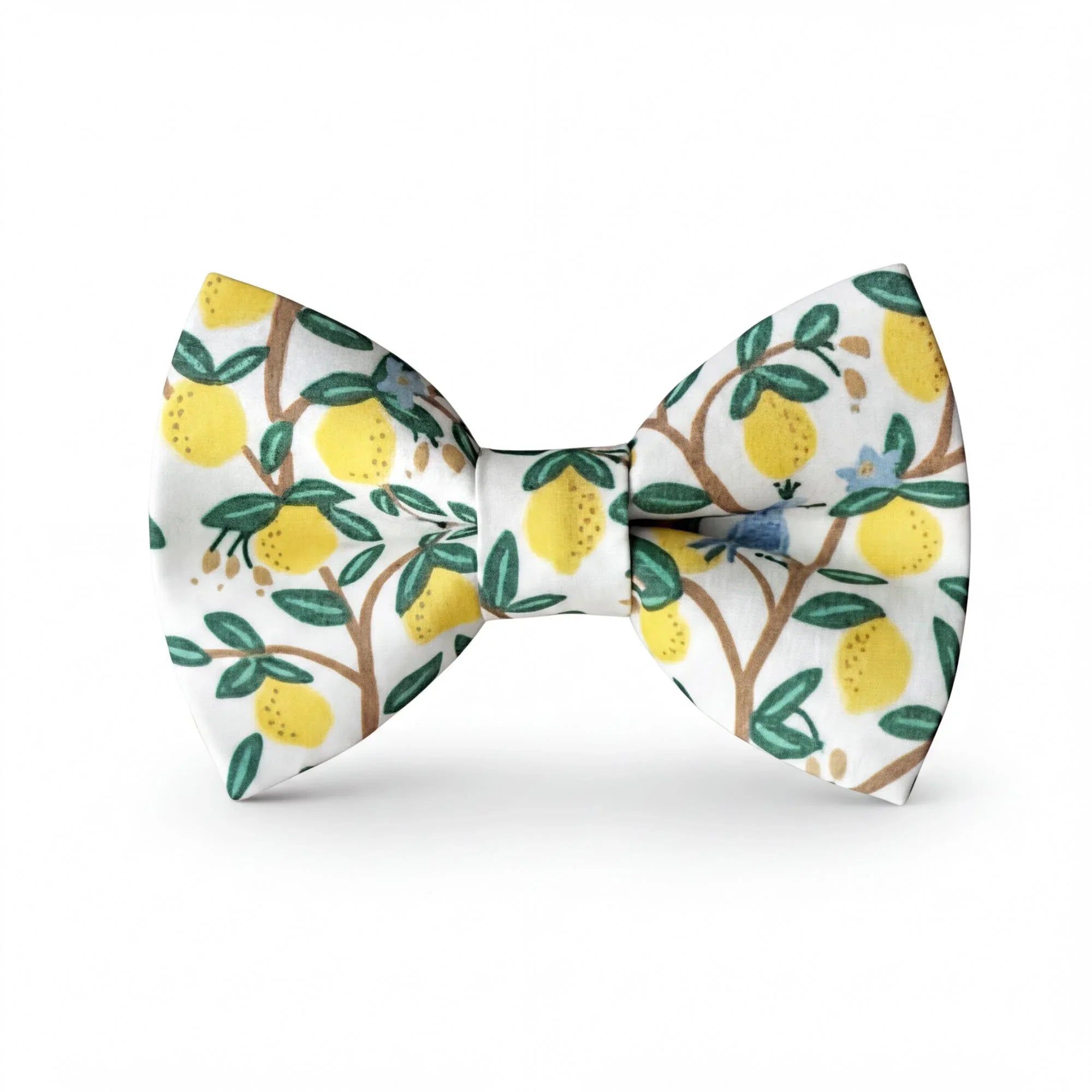 Bow tie with lemon and leaf pattern on a white background