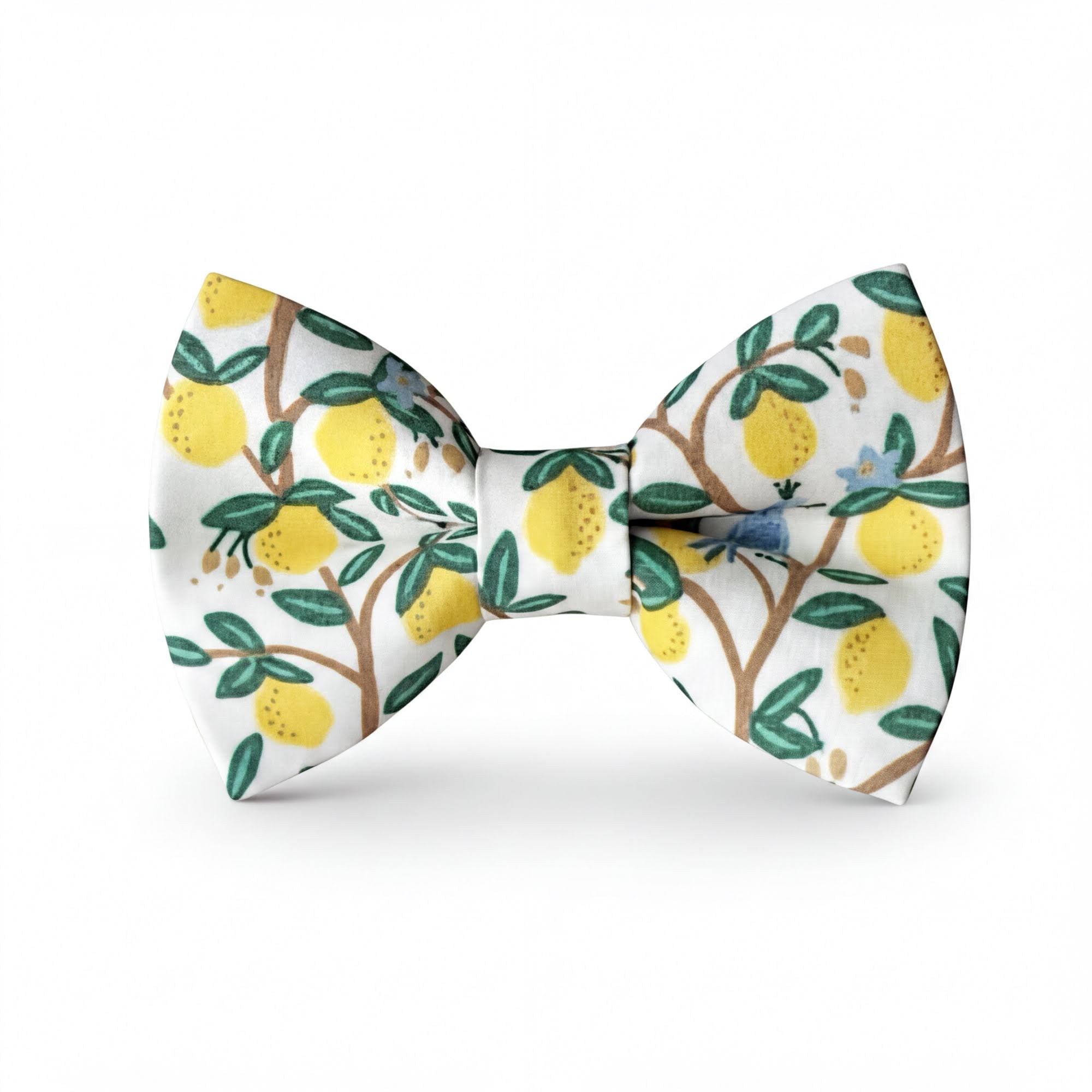 Bow tie with lemon and leaf pattern on a white background