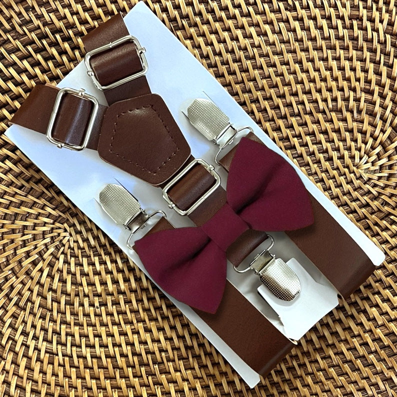 Cabernet bow tie and vegan leather suspenders for a wedding.
