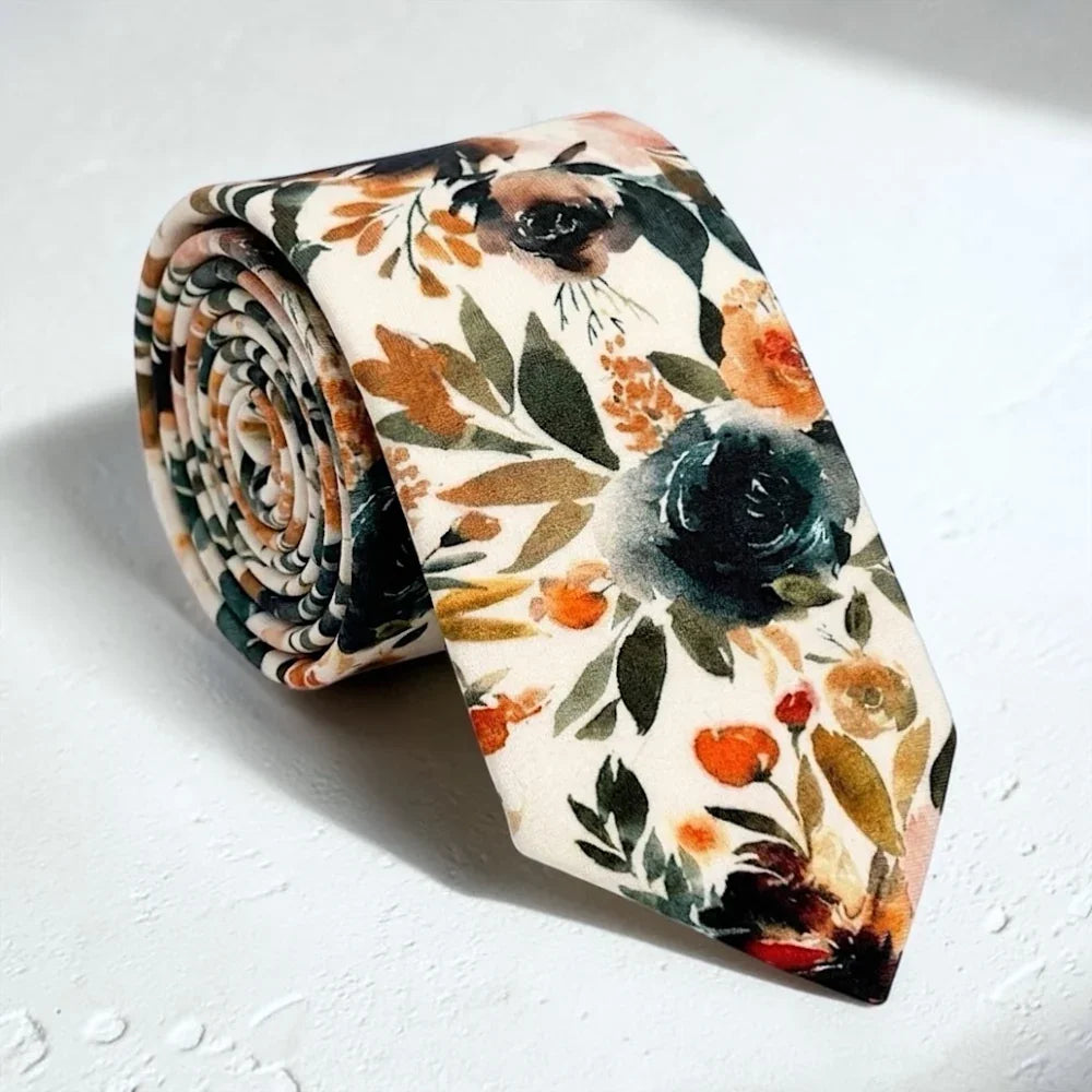 Floral Ivory Terracotta Necktie- Wedding Tie for Men and Groomsmen.