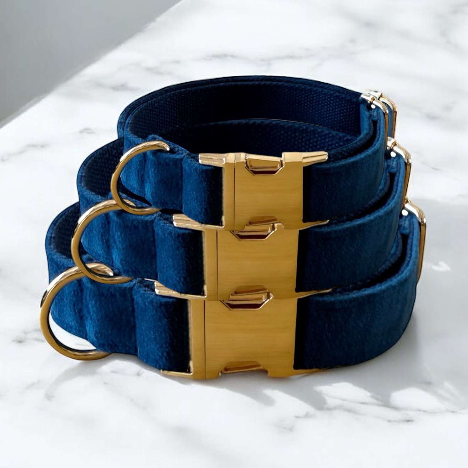 Blue Velvet Dog Collar with gold clasps